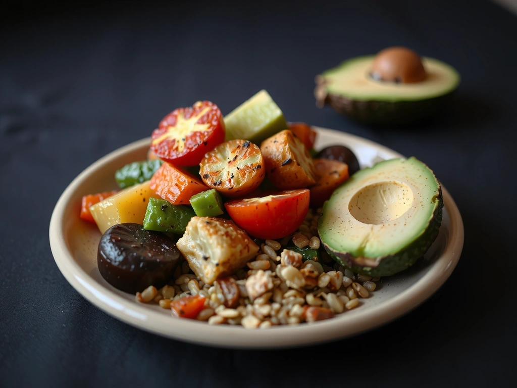 Une assiette colorée et texturée illustrant la satiété joyeuse
